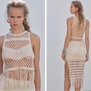 Zara Macrame High Waisted Midi Fringe Skirt - Ecru - Size Large - New With Tags